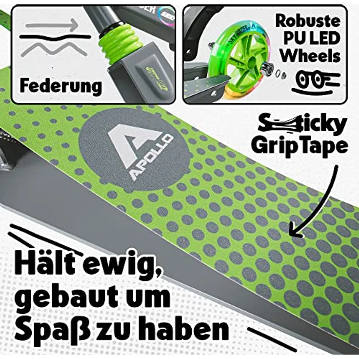 Apollo Skyracer City Roller mit LED Leuchträdern | Roller Kinder 6 Jahre | City Scooter mit Federung | Tretroller für Kinder und Teens | Kinder Roller klappbar und höhenverstellbar, grün – Bild 4