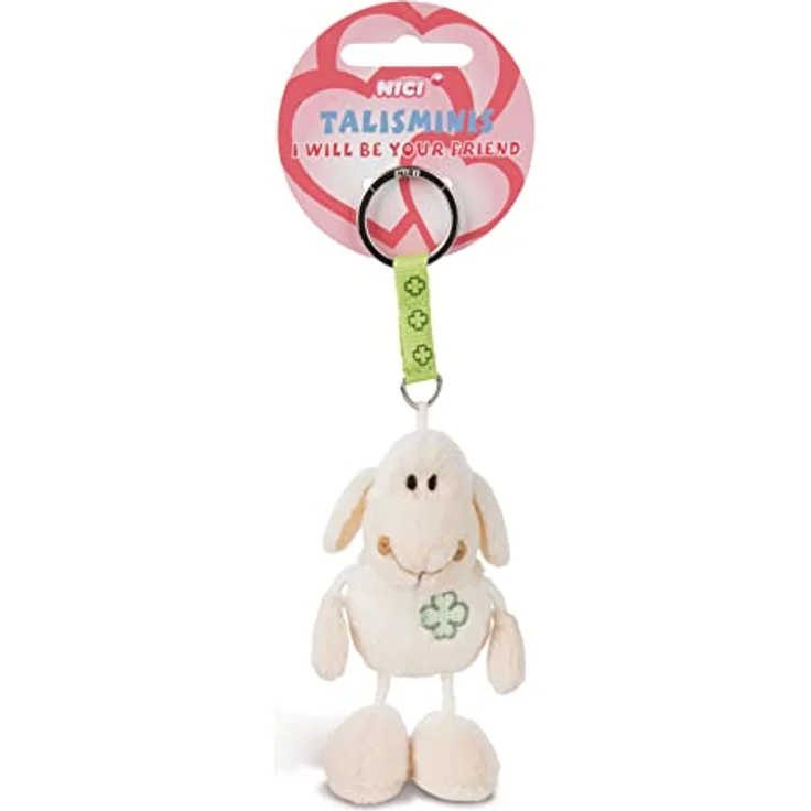 NICI Talisminis Jolly Mäh, weißes Plüschschaf Schlüsselanhänger mit gesticktem Kleeblatt, 7 cm, Creme – Bild 1