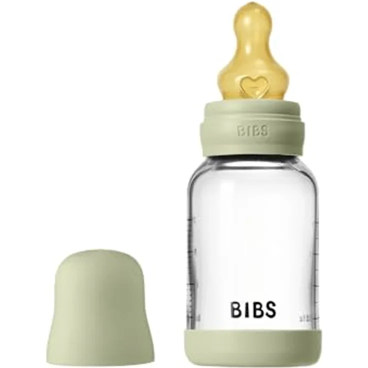 Bibs Glas-Flasche Baby Bottle Round 120 ml, Latex-Trinksauger langsamer Nahrungsfluss, BPA-frei, Antikolik-Design, Sage – Bild 4