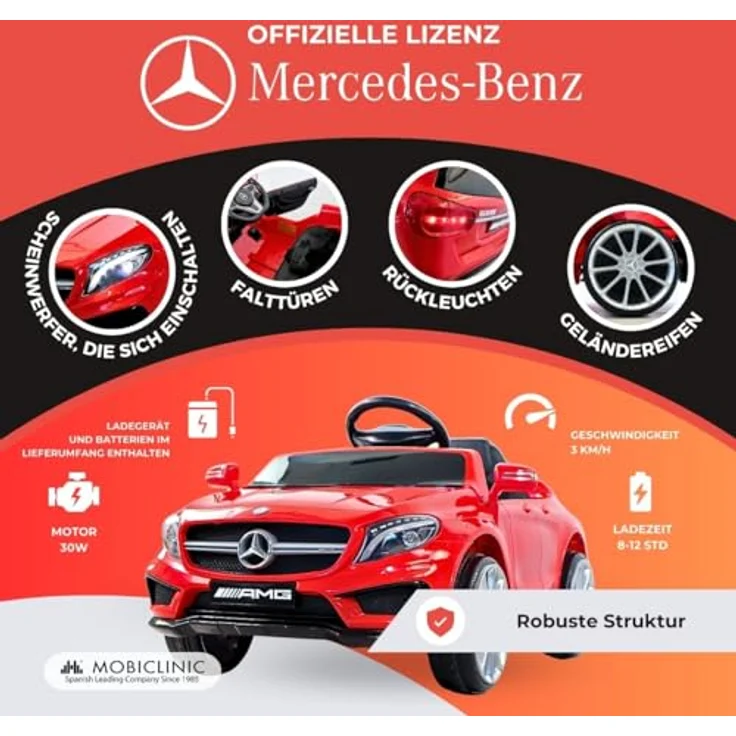 Mobiclinic® Kids Elektroauto für Kinder Mercedes Benz AMG GLA45 12V Turbo Motor 30W MP3+USB+SD+AUX Fernbedienung Bis zu 3 km/h LED Licht Sicherheitsgurt +3 Jahre, Silber – Bild 4