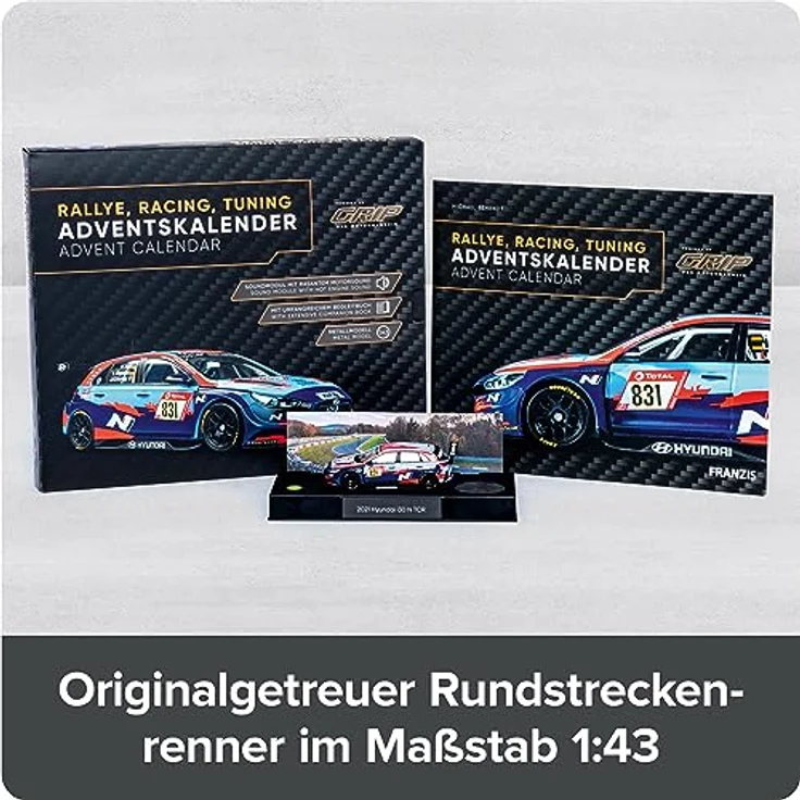 FRANZIS 67192 - Adventskalender Rallye, Racing, Tuning, powered by GRIP, Modellbausatz eines Rennfahrzeugs im Maßstab 1:43 – Bild 3
