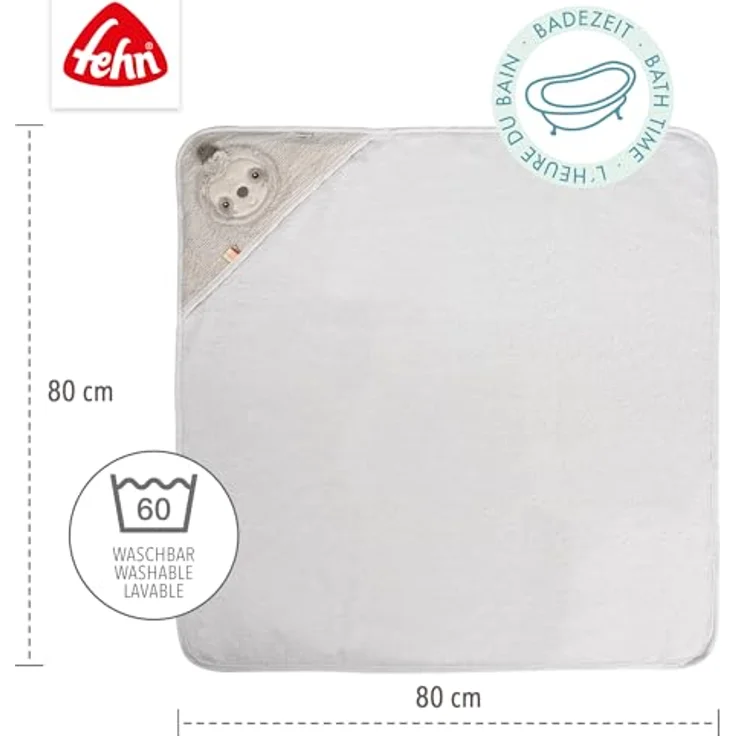 Fehn Kapuzenbadetuch Faultier, Frottee Bade-Poncho mit Kapuze, saugstark & kuschelweich, 80 x 80 cm, für Babys ab 0+ Monaten – Bild 5