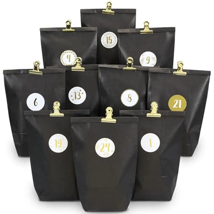 PAPIERDRACHEN Extravaganter Adventskalender zum Befüllen - mit 24 schwarzen Geschenktüten und 24 Zahlenaufklebern und Klammern - Motiv Elegance - zum Basteln und Verschenken - Weihnachten & Advent – Bild 1