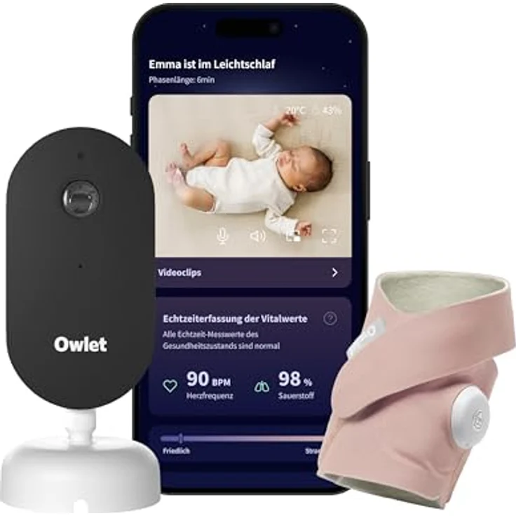 Owlet Dream Duo, Smart Baby Monitor mit medizinisch geprüftem Dream Sock® Sensor, 2K HD Kamera, Puls- & Sauerstoffüberwachung, Schlafanalyse, App-Steuerung, Dusty Rose – Bild 1