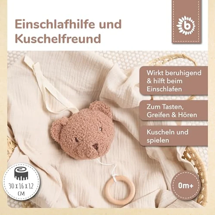 Bieco Musikspieluhr Bär Mika, ca. 30 cm, Bouclé Teddy mit Brahms Wiegenlied, Einschlafhilfe für Babys – Bild 2