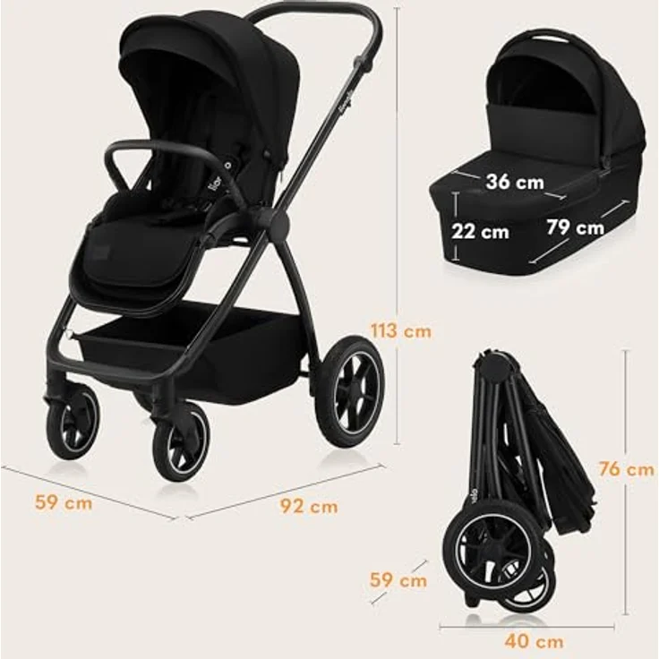 Lionelo Meril 2-in-1 Kombikinderwagen, XL-Babywanne bis 9 kg, Buggy bis 22 kg, geländegängige Gummiräder, Vollfederung, XXL-Verdeck - Black – Bild 9