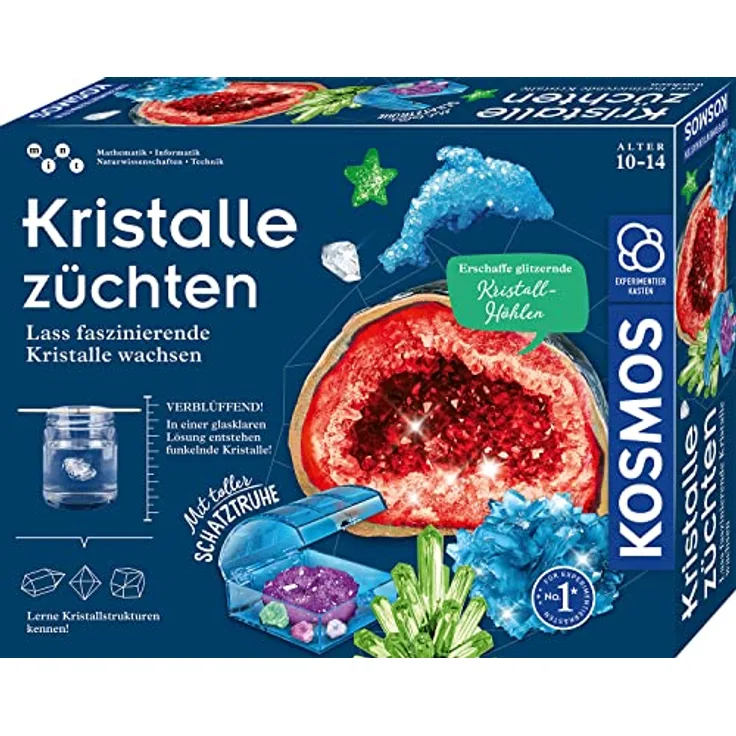 KOSMOS 645601 Kristalle züchten - Lass faszinierende Kristalle wachsen - Komplett-Set, glitzernde Blitzkristalle, Schatztruhe, Deko, Experimentierkasten - Kinder ab 10-14 Jahre