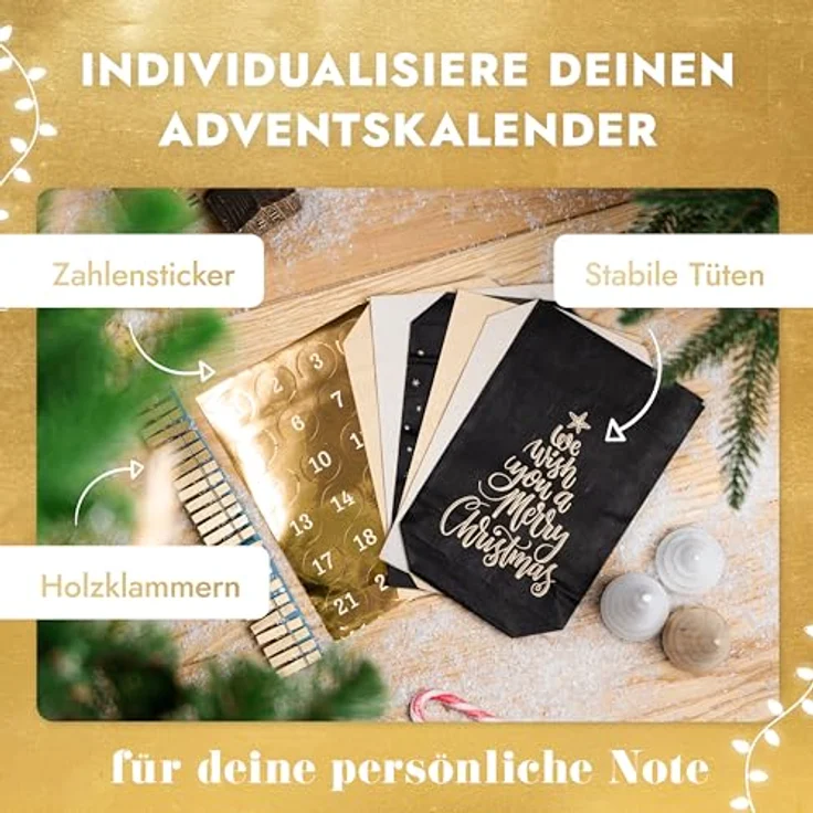 Amari Adventskalender zum Befüllen - 24 Papier Adventstüten (mit Holzklammern) zum Basteln für Weihnachten - Papier Weihnachtstüten mit Zahlenaufkleber – Bild 4