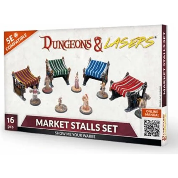 Archon Studio Market Stalls Set, 4 aufwendig detaillierte Holzmarktstände mit Baldachin, leicht zusammenbaubar, langlebige Kunststoffkonstruktion
