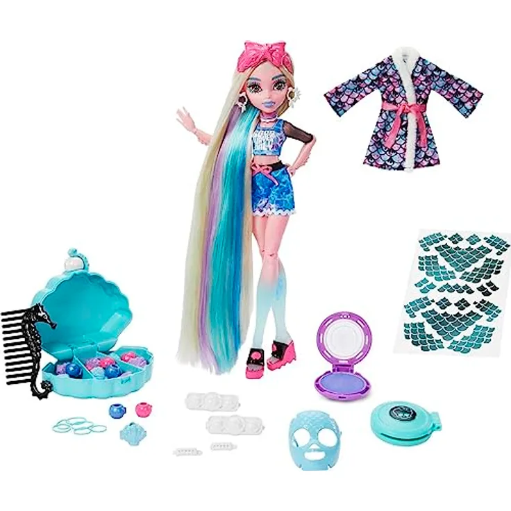 Monster High Lagoona Blue Spa Day Puppe Set mit Haarspangen, Haarkreide und Tattoos (HKY69)