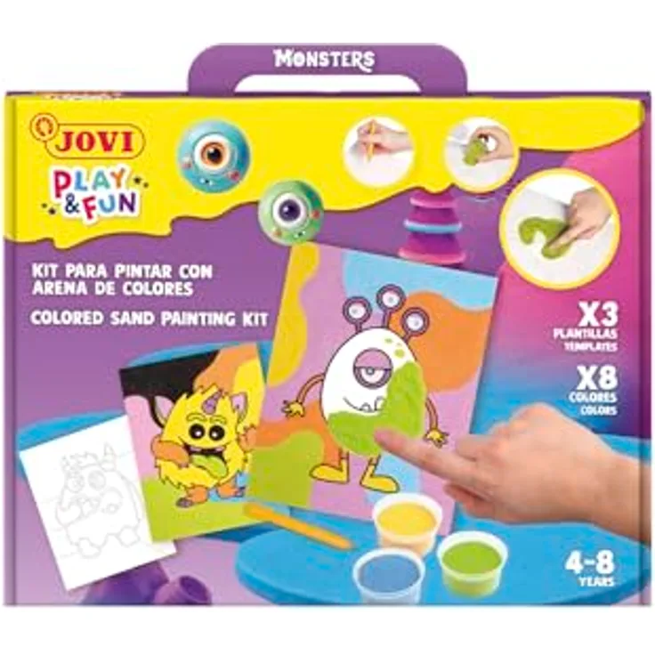 Jovi Play&Fun Set, Sandmalerei-Set mit 8 Sanddosen und 3 Monstermalfolien für Kinder ab 3 Jahren (2103)