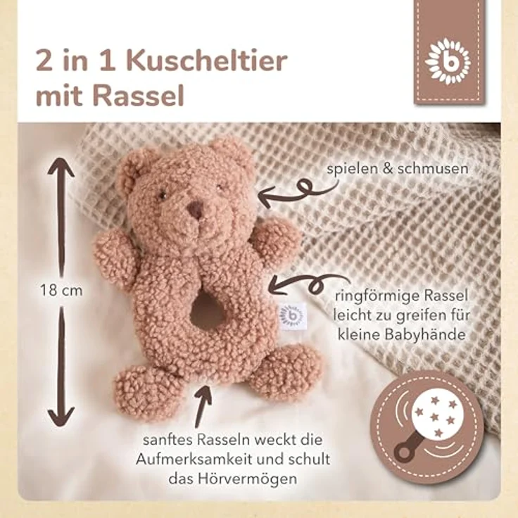 Bieco Kuscheltier Bär Mika mit Rassel, Teddybär aus Bouclé für Babys, niedliches Tierdesign, ab 0 Monate – Bild 3