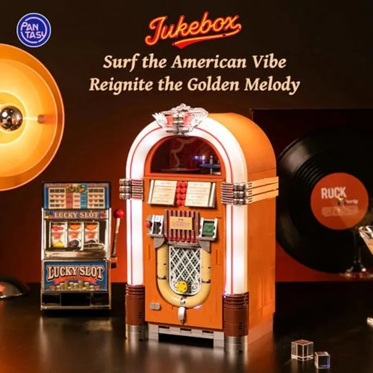 Pantasy Jukebox, Klemmbausteinset im Retro-Stil mit 4 Schallplatten und mechanischen Drehknöpfen – Bild 2