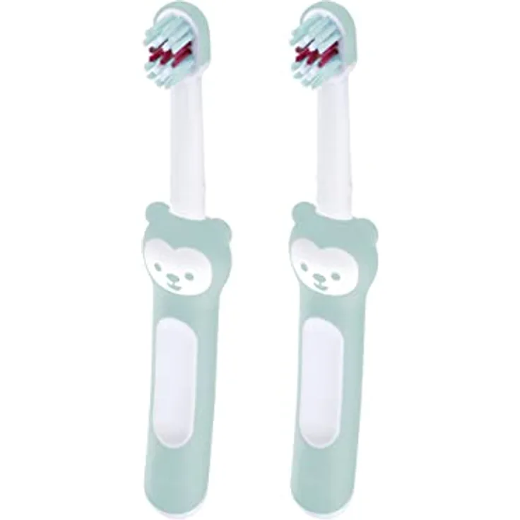 MAM Baby's Brush im 2er-Set, Baby Zahnbürste mit kurzem Griff zum einfachen Halten, Kinderzahnbürste zur sanften Zahnreinigung, ab 6+ Monate, türkis
