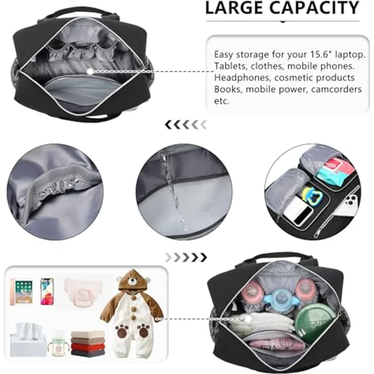 KONO Wickeltasche Windeltasche für Kinderwagen, große wasserdichte Reisetasche mit isolierten Fächern und Wickelauflage, leicht, Schwarz (37x37x14,5 cm) – Bild 4