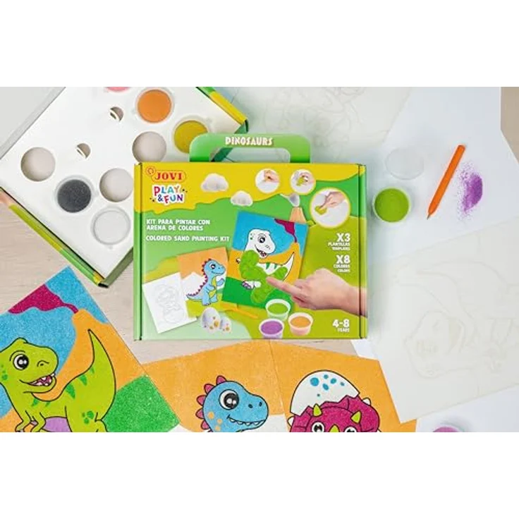 Jovi Play&Fun Set, Sandmalerei mit 8 farbigen Sanddosen und Dinosaurier-Malfolien, für Kinder ab 3 Jahren – Bild 2
