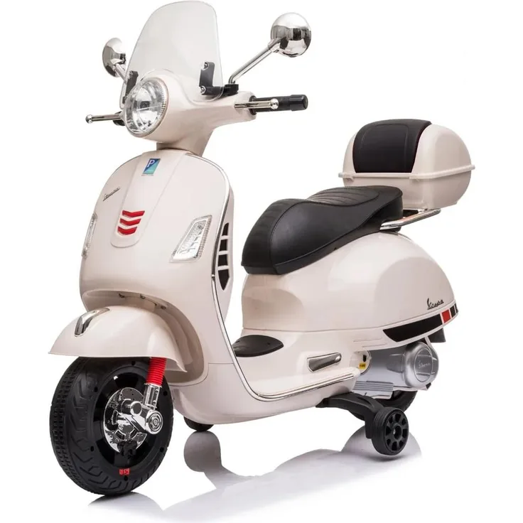 Vrooomy Elektro Vespa GT für Kinder, 7,2V Batterie, mit Kofferraum, weiß, für 3 bis 6 Jahre, max. 30 kg belastbar