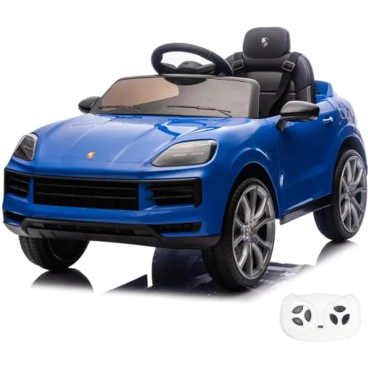 Vrooomy Porsche Cayenne Kinder Elektroauto, 12V mit Fernbedienung, für 1 bis 5 Jahre, Blau, MP3-Player, Sicherheitsgurt, LED-Scheinwerfer – Bild 1