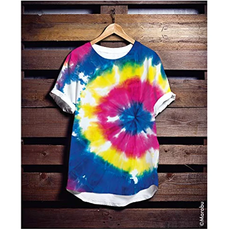 Marabu 1719000000094 - Fashion Spray, Tie Dye, Set Textilsprühfarbe auf Wasserbasis, für helle Textilien, einfache Fixierung, waschbeständig bis 40°C, 3 x 100 ml in himbeere, zitron und marineblau – Bild 4
