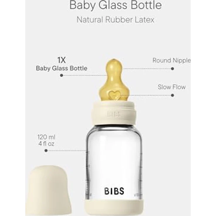 Bibs Glas-Flasche Baby Bottle Round 120 ml mit Latex-Trinksauger langsamer Nahrungsfluss, Ivory, aus Borosilikatglas mit Anti-Kolik-Ventil – Bild 2