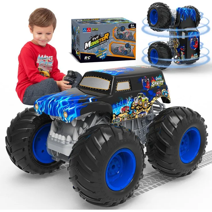 Esun RC-Auto Monster Truck Ferngesteuert mit Licht 360°Drehung (SET, 2.4GHz Ferngesteuert), Amphibienfahrzeug, 1:16, 2 Akkus, LED-Lichter, Deutsche Anleitung