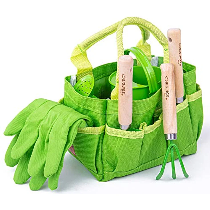 Bigjigs Toys Kleine Tragetasche mit Gartenwerkzeugen, inklusive Schaufel, Handgrubber, Harke & Gießkanne, bunt, für Kinder ab 3 Jahren – Bild 5