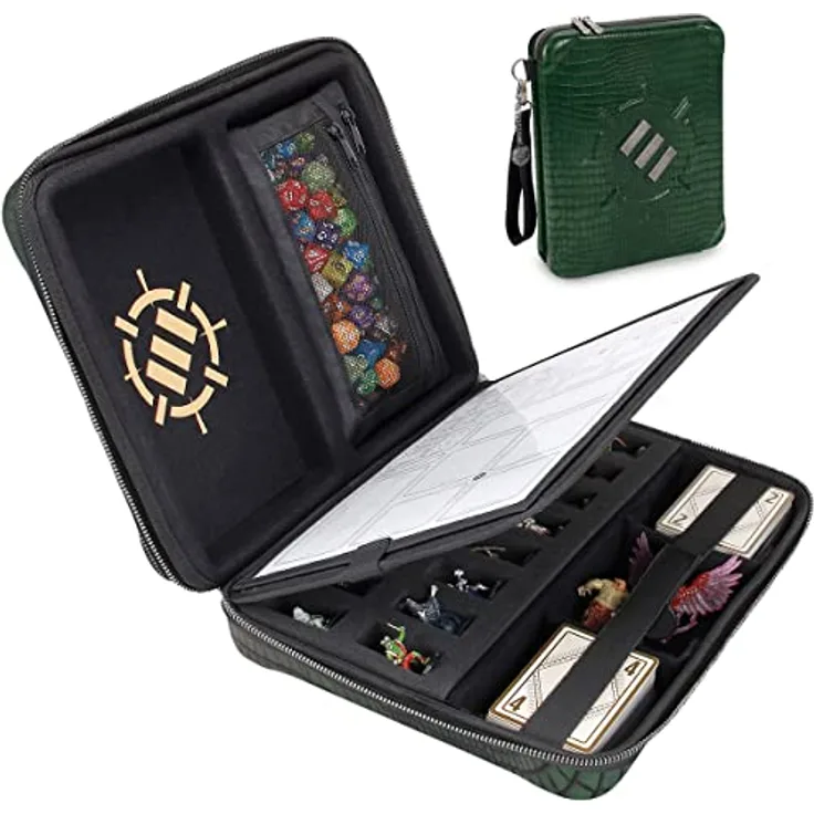 ENHANCE RPG-Organizer-Etui, Sammleredition – DND-Ordner mit Charakterbogenhalter, Würfelrollbereich, herausnehmbarer Stifttasche und Miniatur-Schaumstoffablage, Drachen Grün