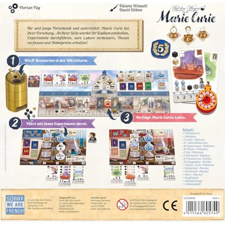 Sorry We are French, Auf den Wegen von Marie Curie, Brettspiel für 2-4 Spieler, ab 10 Jahren, 20-40 Minuten Spielzeit, Deutsch, mit hochwertigem Würfelturm und Biografie-Appendix – Bild 4