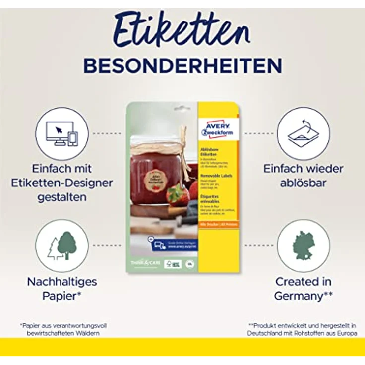 AVERY Zweckform Marmeladenetiketten Art. 5084 (240 Aufkleber ablösbar, 40,8x40,3mm, Blumenform, FSC-zertifiziert, für Einmachgläser, Geschenke) - 10 Blatt, weiß – Bild 2