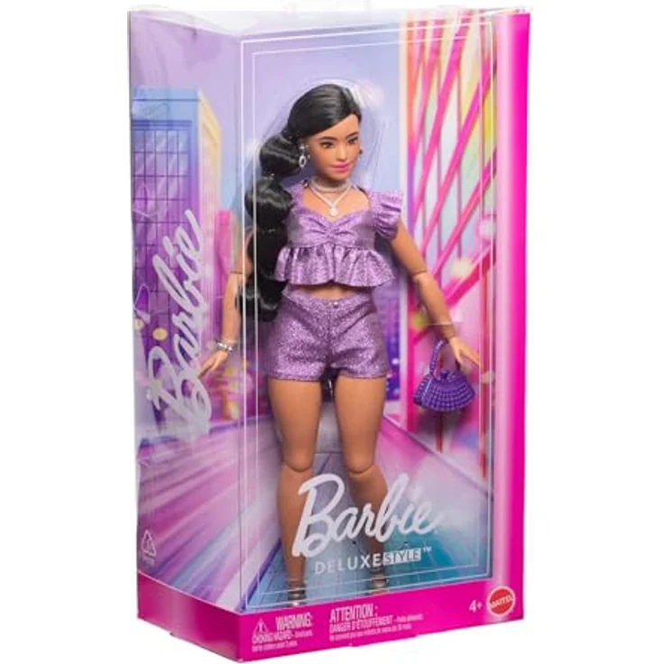Barbie Barbie Deluxe Style, Babypuppe im violetten Metallic mit Glitzeroutfit und beweglichen Gelenken – Bild 7