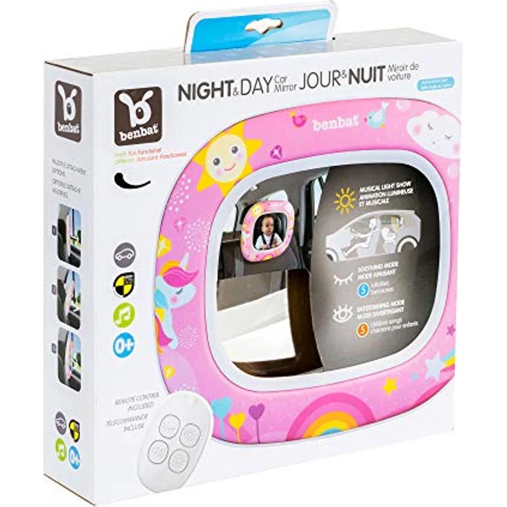 Benbat Autospiegel "Night & Day" - XL-Konvexspiegel mit Beruhigungs- und Unterhaltungsmodus, Fernbedienung, leuchtenden LEDs, lustiges Design – Bild 4