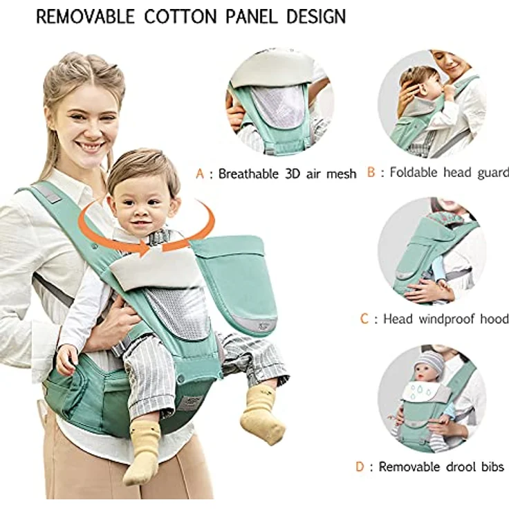 SONARIN Multifunktions 3-in-1 Babytrage mit Hüftsitz,Reine Baumwolle 3D Air Mesh Atmungsaktive Babytrage für Baby 0-36 Monate,Ergonomisch,Einstellbar,Alle Positionen,Bis zu 30 KG(Cyan) – Bild 4