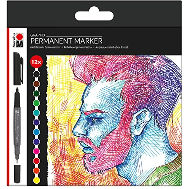 Marabu Permanent Marker Graphix Set, 12 Teile in Signifikantfarben, vielseitige Filzstifte für kreative Projekte