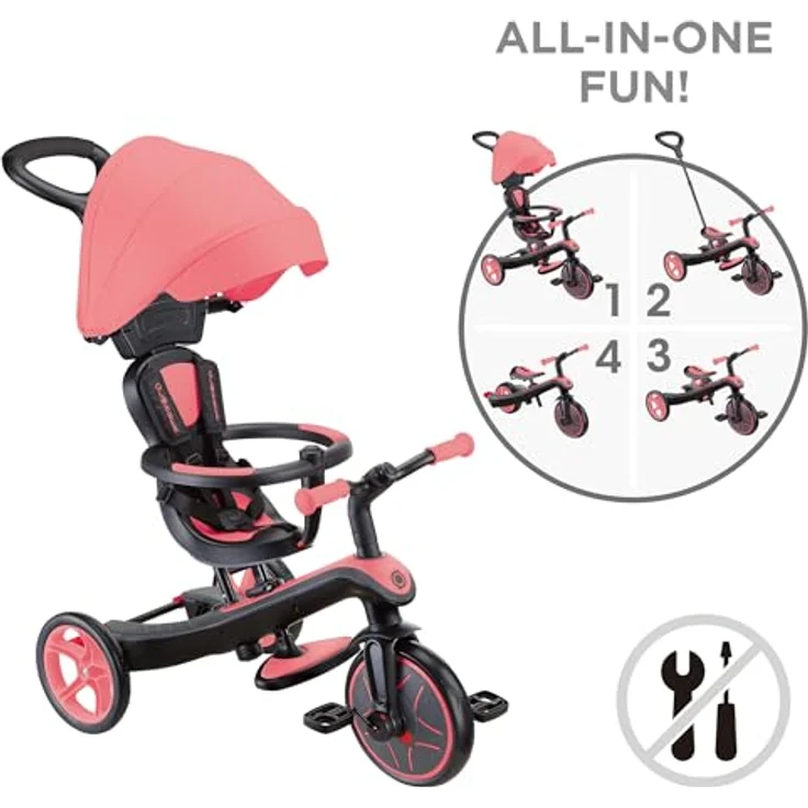 Globber Explorer Trike 4in1 Pro in Coral Pink - Dreirad, Laufrad und Kinderwagen in 10/8,5 Zoll - TPR-Sitz - höhenverstellbares Kinderfahrzeug – Bild 2