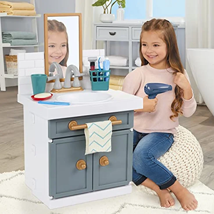 Little Tikes Erstes Waschbecken mit echtem Wasserhahn, interaktives Rollenspiel mit 12 Badezimmer-Accessoires, mehrfarbig, für Kinder ab 2 Jahren – Bild 4