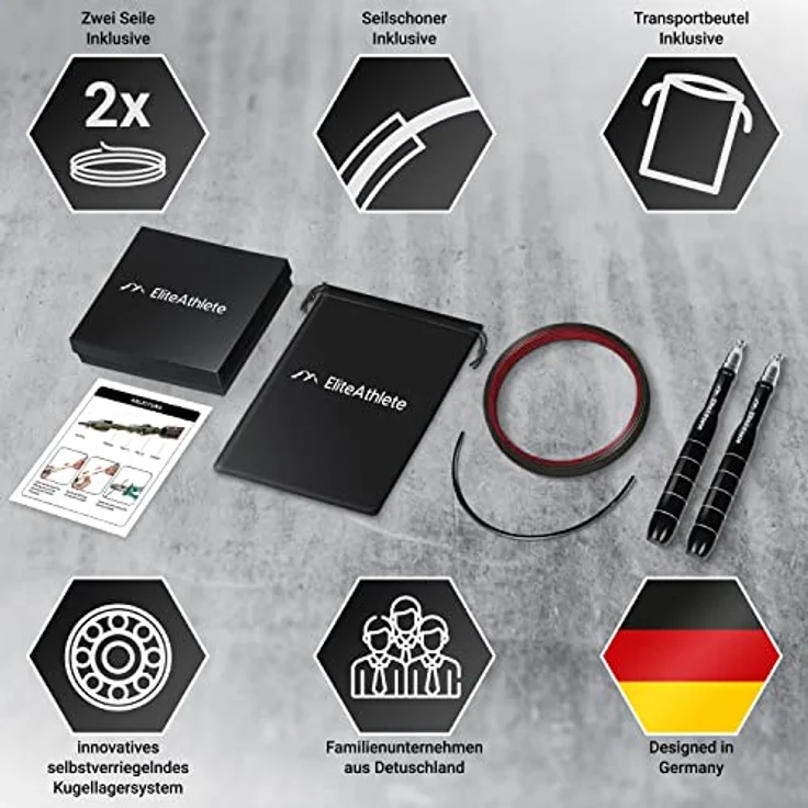 EliteAthlete Springseil Erwachsene - Speed Rope mit Ersatzseil - Profi Kugellager - Fitness Crossfit Boxen - Sprungseil inkl. Seilschoner + Tasche, Aluminium-Griffe – Bild 2