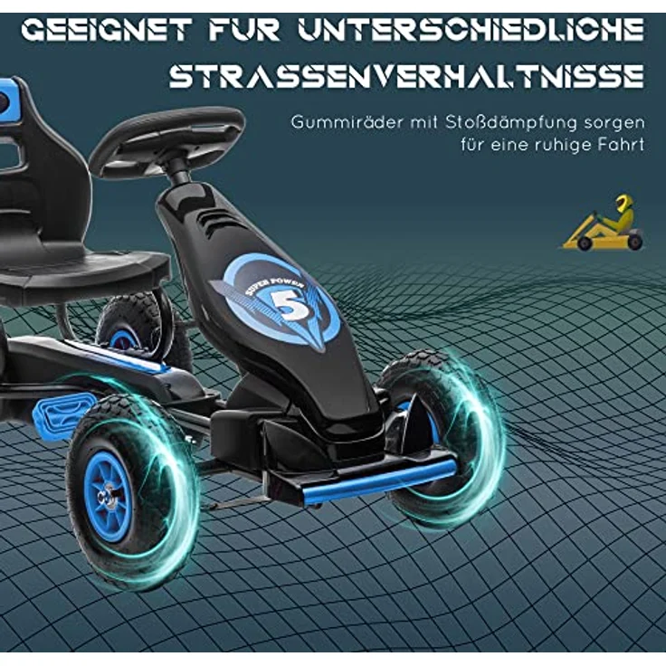 HOMCOM Gokart, Kinderfahrzeug mit verstellbarem Sitz, Tretauto mit Gummireifen, Pedal und Handbremse, Kettcar für Kinder ab 5 Jahren, Outdoor, Blau+Schwarz – Bild 6