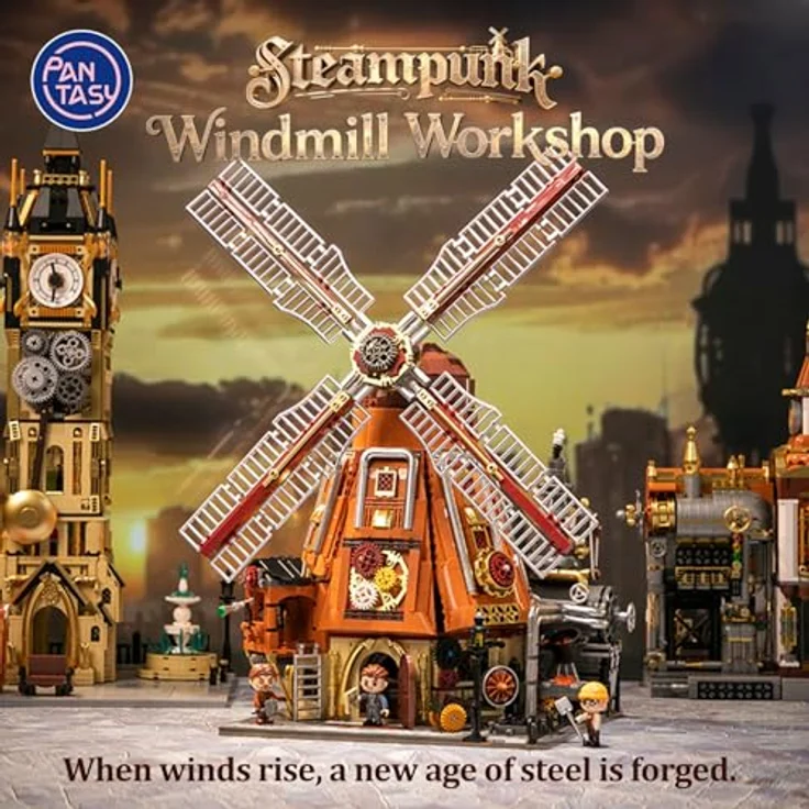 Pantasy Steampunk Windmill Workshop, Klemmbausteine-Modell mit 2400 Teilen, 3 Fantasy-Minifiguren und funktionierendem Dampfschornstein – Bild 3