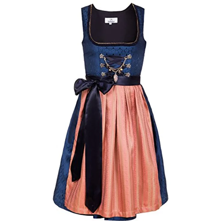 Edelnice Dirndl Josepha, Königsblau mit pfirsich-farbener Schürze, Charivari und Tasche – Bild 2