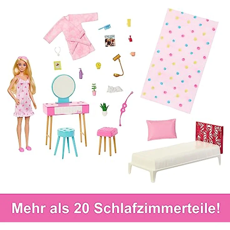 BARBIE Schlafzimmer-Spielset - Puppe, Bett, Schminktisch, Kätzchen und 20 Zubehörteile kreatives Spielen, inklusive flauschigem Bademantel und Hausschuhen, für Kinder ab 3 Jahren, HPT55 – Bild 5
