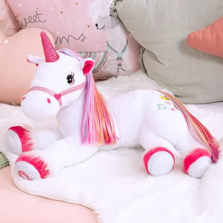 Bayer Design 69536AA Plüsch Einhorn mit Licht, Sound, Funktion, Stofftier, Kuscheltier, Regenbogen Haare – Bild 2