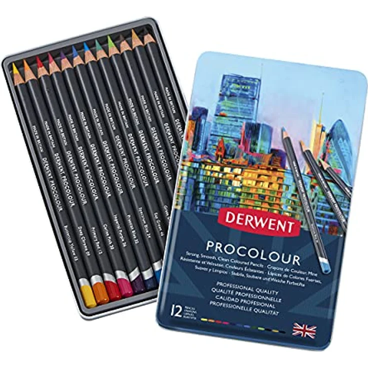 Derwent Procolour Buntstifte, Set mit 12 Stück in Metalldose, 4mm Runder Kern in Premium-Stärke, Glatte Textur, Ideal fürs Zeichnen und Malen, Profi-Qualität, 2302505 – Bild 1