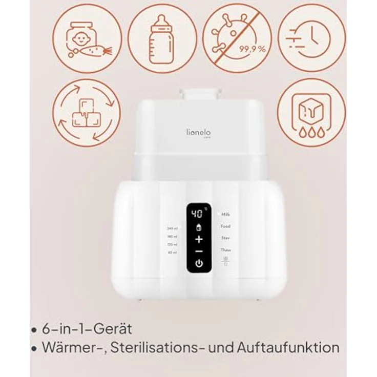 Lionelo Thermup Duo, Elektrischer Flaschenwärmer 6-in-1 mit Doppelkammer, Touch-Panel, BPA-frei, sicheres Auftauen, Sterilisieren und Warmhalten – Bild 4