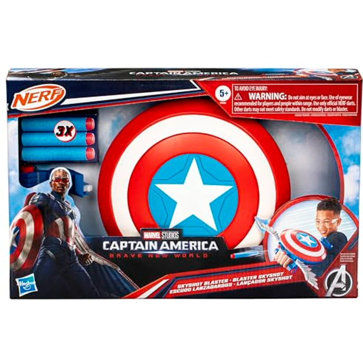 Marvel Studios Captain America Brave New World NERF Flügelschild Blaster, Schild Rollenspielzeug - Mit 3 NERF Darts, für Links- und Rechtshänder geeignet, anpassbarer bequemer Riemen – Bild 3