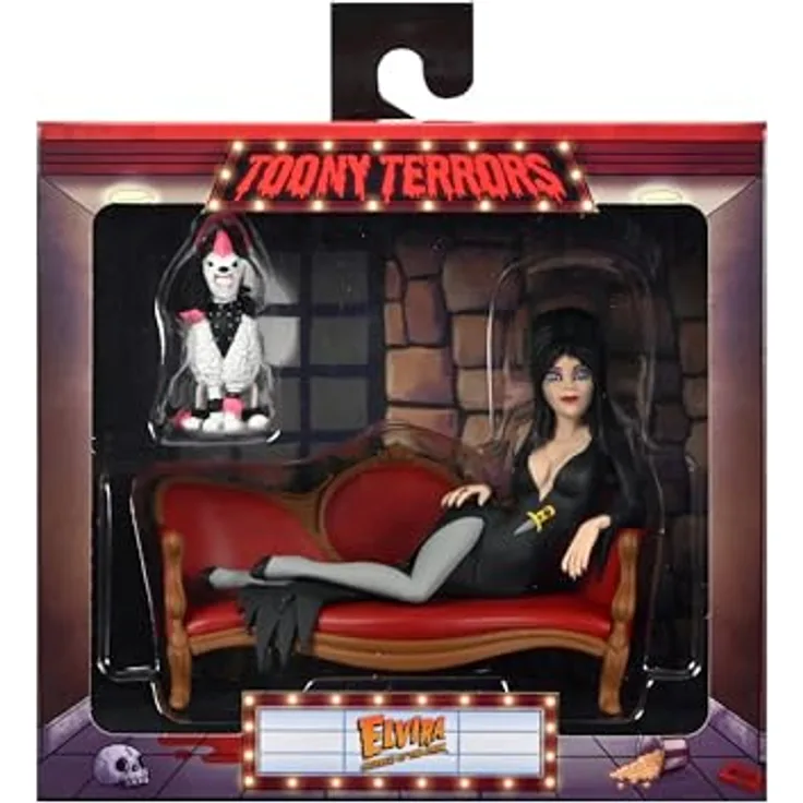 NECA Elvira, Mistress of The Dark Figurine Toony Terrors, 15 cm große Sammelfigur mit Samtcouch und Hund Gonk, offiziell lizenziert