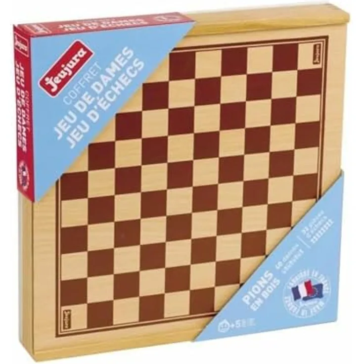 Jeujura Schach und Dame in Holzkiste, klassisches Brettspiel aus Holz, Größe 30 x 30 cm, für Jung und Alt