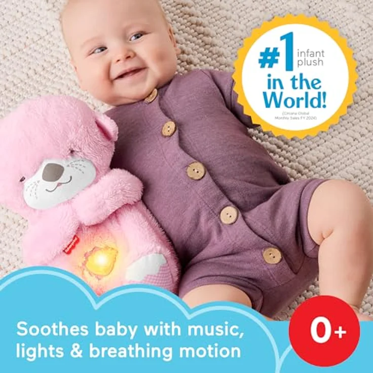 Fisher-Price Schlummer-Otter, tragbare pinke Plüsch-Spieluhr mit Atembewegungen, Lichtern und 30 Minuten anpassbarer Melodien für Neugeborene ab 0 Monaten, JLJ33 – Bild 3