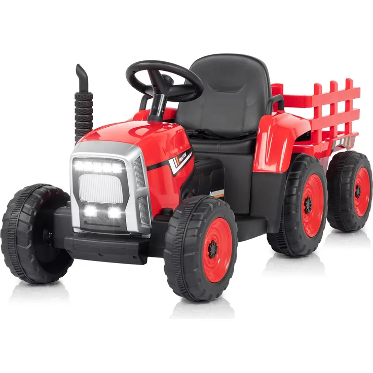FCH 12V 7Ah Elektrotraktor Rot mit abnehmbarem Anhänger, 2,4G Fernbedienung, LED Lichtern, Musik, Hupe & USB Funktionen