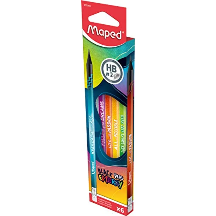 Maped BLACK'PEPS ENERGY Ergonomische Drei-Kant-Bleistifte mit Radiergummikopf, HB-mittel, 6er Pack, trendiger schwarzer Schaft mit buntem Motivationsdruck