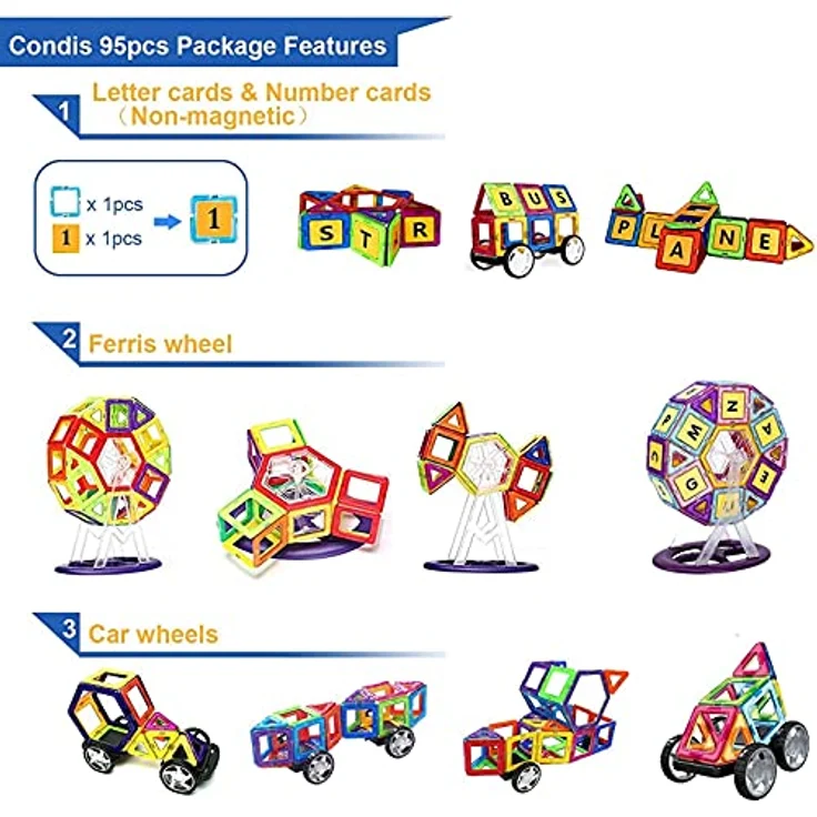 CONDIS Magnetische Bausteine 95 Teile, Magnetspielzeug Magneten Fuer Kinder Magnetbausteine Set Magnet Spielzeug Magnetspiele für Kinder Geschenk ab 3 4 5 6 7 8 Jahre Junge Mädchen Bauklötze Bausatz - Preisvergleich – Bild 2